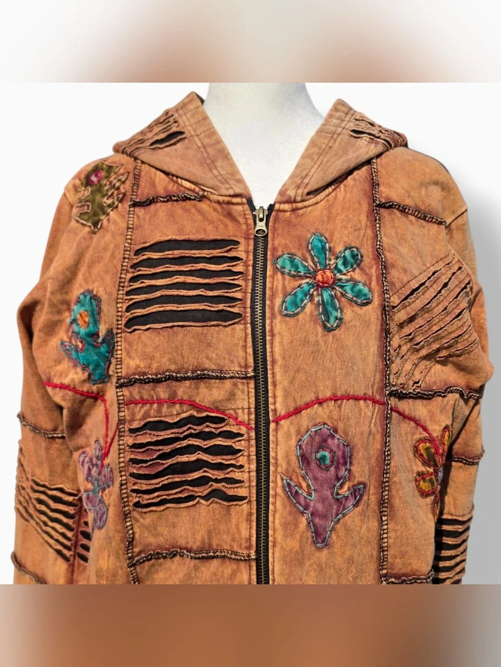 Rising International Vintage Patchwork Boho Floral Zip-Up Hooded Jacket XLarge